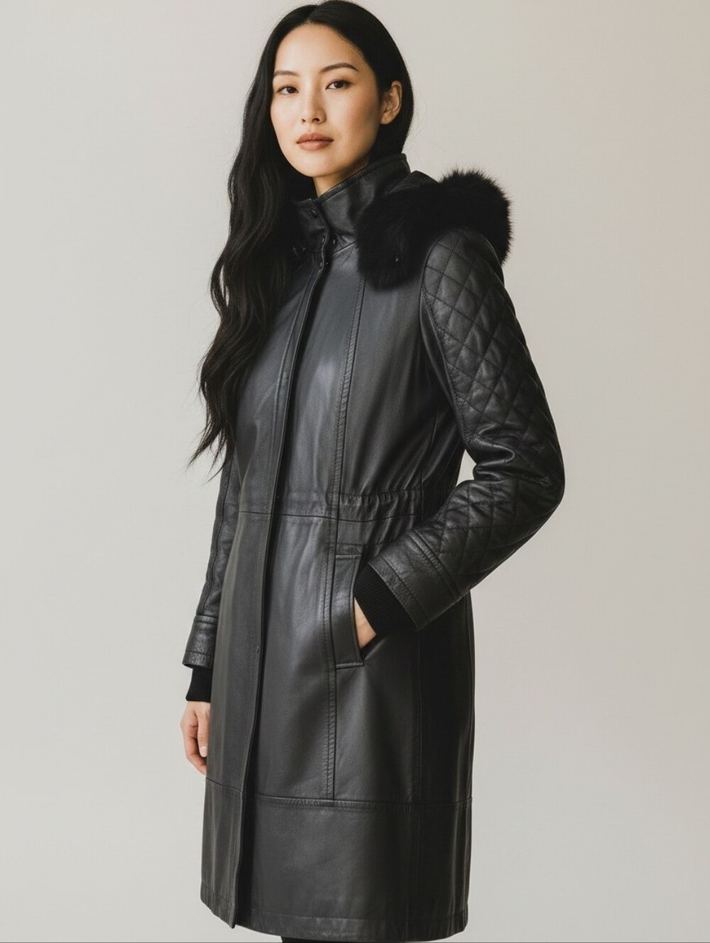 Danier Genuine Leather Coat Large Black Rabbit Fur Trim Quilted Sleeves